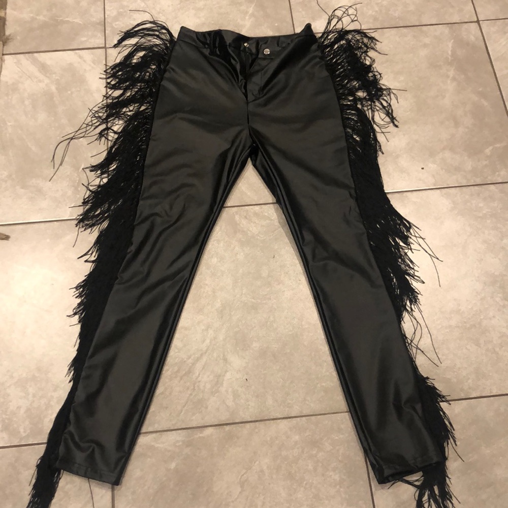 Black fringe faux leather pants